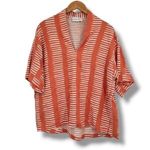 Brooke Wright Orange White Striped Cotton Linen V-Neck Tunic Top Made in USA